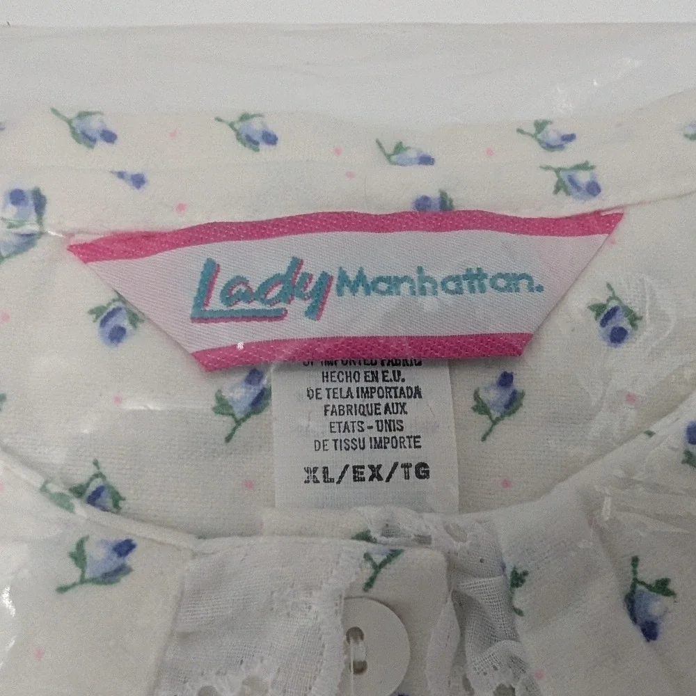 Lady Manhattan Flannel Gown Womens‎ XL White Blue Floral Lace Trim Sleepwear